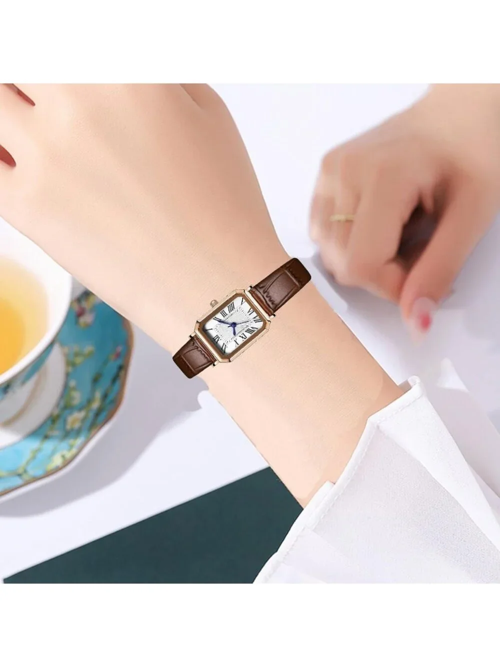 Women's Brown Rose Gold White Leather Strap Vintage Rectangle Elegant Wristwatch